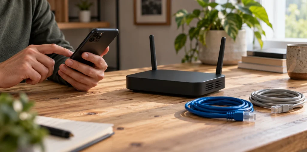 A precise editorial still life of a smartphone, an unbranded compact network router and two neatly arranged Ethernet cables on a pale wooden workbench, soft directional daylight, no padlocks or icons.; AI-generated editorial illustration