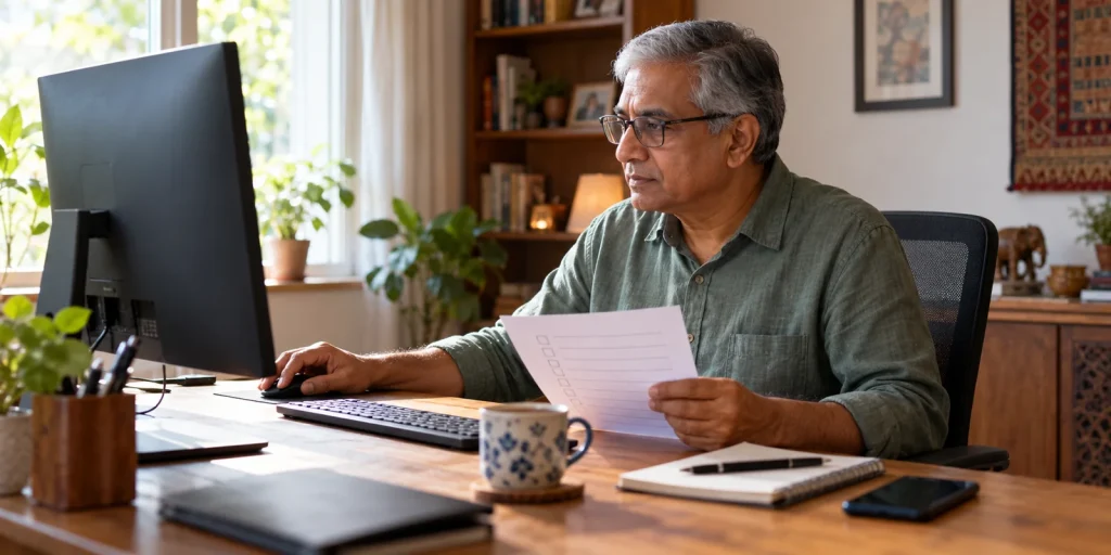 An older South Asian man at a tidy personal desktop workstation checking a computer and a small paper setup checklist, soft window light, no visible passwords or readable screen text, no logos.; AI-generated editorial illustration